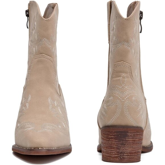 ⚡Women's Beige Embroidered Square Toe Western Cowgirl Boots Chunky Heel Pull On - Picture 5 of 7